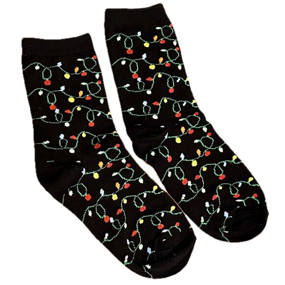 Women's Christmas Lights Socks Crew One Size Black Holiday - Picture 1 of 2